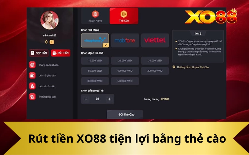 Rút tiền XO88 tiện lợi bằng thẻ cào